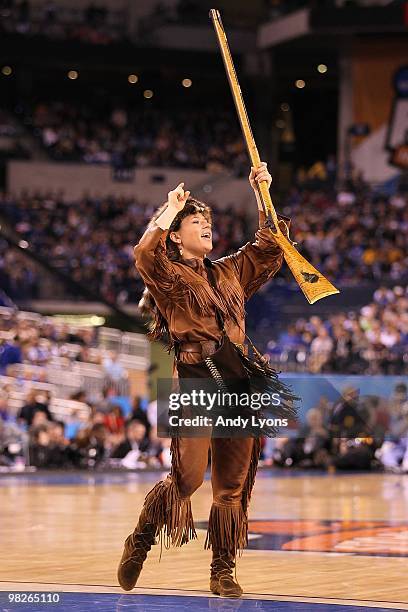 Rebecca Durst, mascot for of the West Virginia Mountaineers performs during a break in the game while taking on the Duke Blue Devils during the...