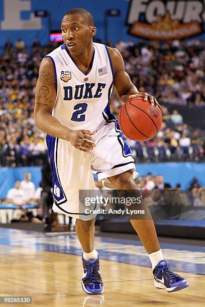 Nolan Smith of the Duke Blue Devils moves the ball while taking on the West Virginia Mountaineers during the National Semifinal game of the 2010 NCAA...