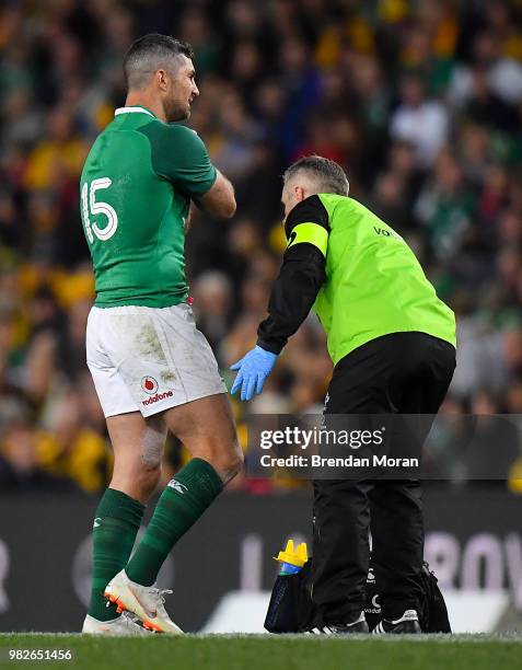 Sydney , Australia - 23 June 2018; Rob Kearney of Ireland is attened to by team doctor Dr. Ciaran Cosgrave during the 2018 Mitsubishi Estate Ireland...