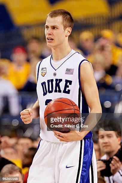 Jon Scheyer of the Duke Blue Devils with the ball while taking on the West Virginia Mountaineers during the National Semifinal game of the 2010 NCAA...