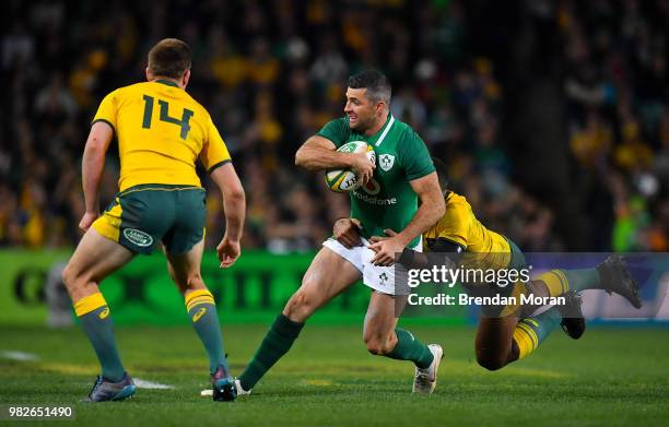 Sydney , Australia - 23 June 2018; Rob Kearney of Ireland is tackled by Samu Kerevi of Australia during the 2018 Mitsubishi Estate Ireland Series 3rd...