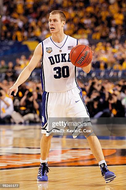 Jon Scheyer of the Duke Blue Devils with the ball while taking on the West Virginia Mountaineers during the National Semifinal game of the 2010 NCAA...