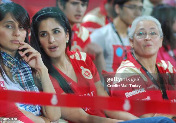 Anusha Dandekar, Katrina Kaif and Nafisa Ali at the Delhi Daredevils Vs Royal Challengers match in New Delhi on April 4, 2010. Delhi Daredevils won...