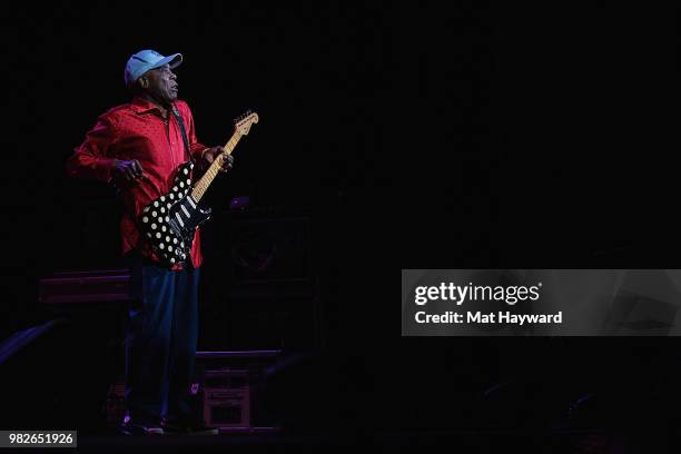 Blues guitarist and singer Buddy Guy performs on stage at The Moore Theatre on June 23, 2018 in Seattle, Washington.