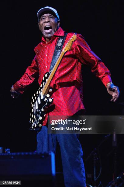 Blues guitarist and singer Buddy Guy performs on stage at The Moore Theatre on June 23, 2018 in Seattle, Washington.