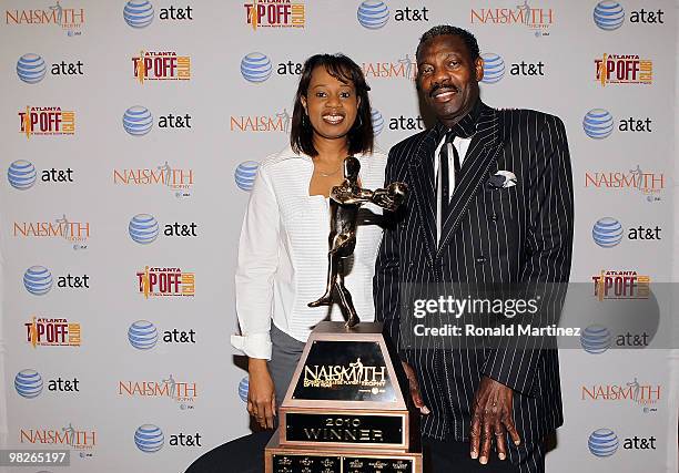 Angella Holgate and Rawlston Charles, parents of Tina Charles of the Connecticut Huskies pose with the 2010 Naismith Women's College Player of the...