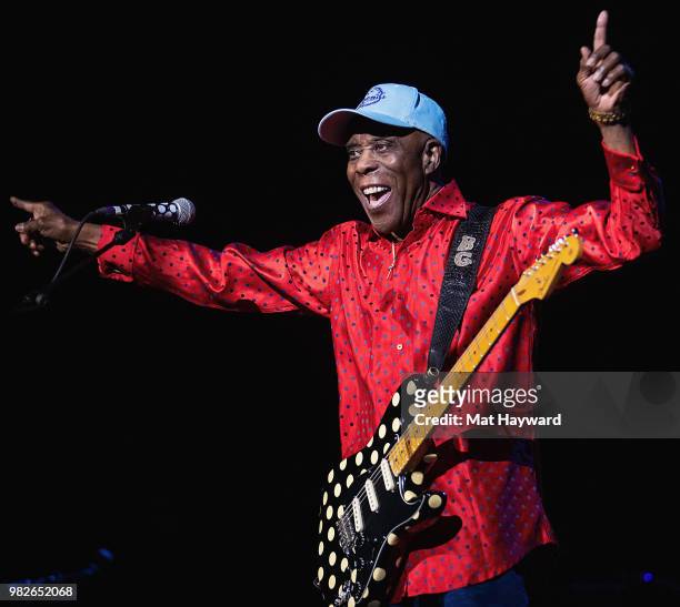 Blues guitarist and singer Buddy Guy performs on stage at The Moore Theatre on June 23, 2018 in Seattle, Washington.