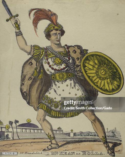 Hand-colored illustration, likely an etching, depicting a full-length view of British actor Edmund Kean, with an angry expression on his face,...