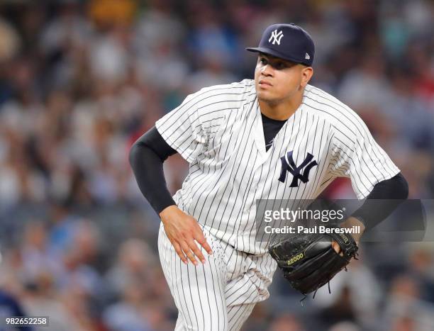 Pitcher Dellin Betances of the New York Yankees follows through as he comes off the mound in an MLB baseball game against the Tampa Bay Rays on June...