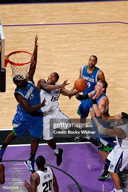 Joey Dorsey of the Sacramento Kings lays up a shot against Nathan Jawai of the Minnesota Timberwolves during the game on March 14, 2010 at ARCO Arena...