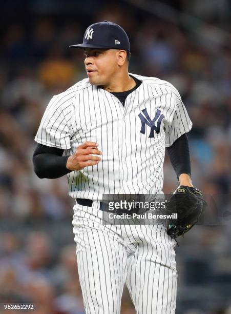 Pitcher Dellin Betances of the New York Yankees reacts in an MLB baseball game against the Tampa Bay Rays on June 15, 2018 at Yankee Stadium in the...