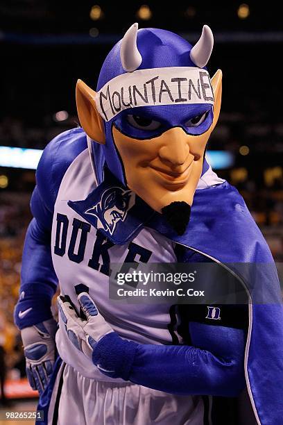 The mascot for the Duke Blue Devils performs during a break in the game against the West Virginia Mountaineers during the National Semifinal game of...