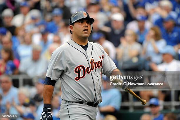 Gerald Laird of the Detroit Tigers walks back to the dugout after striking out against the Kansas City Royals during the season-opener on April 5,...