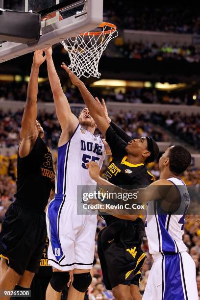 Brian Zoubek of the Duke Blue Devils shoots the ball while taking on the West Virginia Mountaineers during the National Semifinal game of the 2010...
