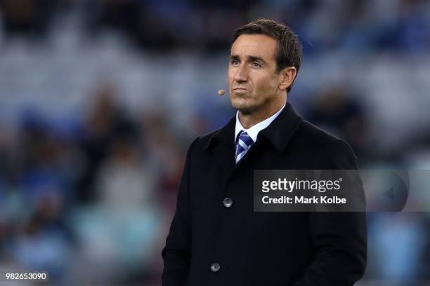 Andrew Johns looks on before game two of the State of Origin series between the New South Wales Blues and the Queensland Maroons at ANZ Stadium on...