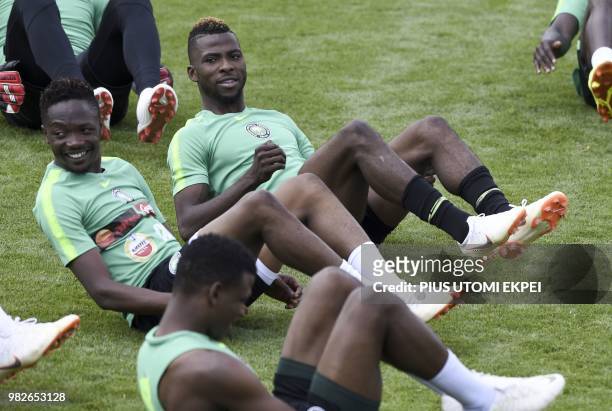 Nigeria's forward Ahmed Musa and forward Kelechi Iheanacho attend a training session at Essentuki Arena in southern Russia on June 24 during the...
