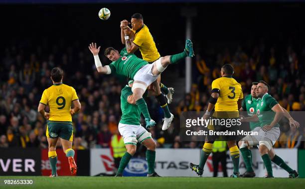 Sydney , Australia - 23 June 2018; Peter OMahony of Ireland is tackled in the air by Israel Folau of Australia during the 2018 Mitsubishi Estate...