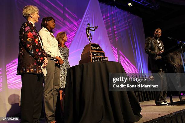 Rawlston Charles, father of Tina Charles of the Connecticut Huskies accepts the 2010 Naismith Women's College Player of the Year award during the...