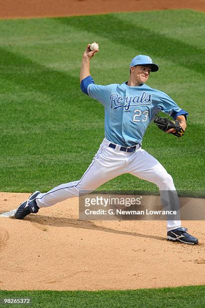 Zach Greinke of the Kansas City Royals throws a pitch against the Detroit Tigers during the season opener on April 5, 2010 at Kauffman Stadium in...