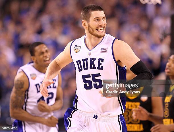 Brian Zoubek of the Duke Blue Devils reacts while taking on the West Virginia Mountaineers during the National Semifinal game of the 2010 NCAA...