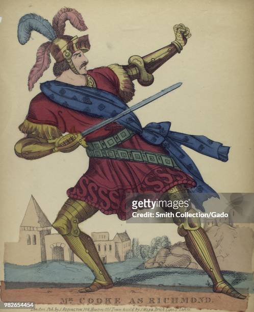 Hand-colored print, depicting a full-length view of British actor Mr Cooke, with a serious look on his face, holding a sword in one hand and forming...