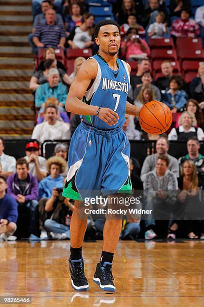 Ramon Sessions of the Minnesota Timberwolves moves the ball against the Sacramento Kings during the game on March 14, 2010 at ARCO Arena in...