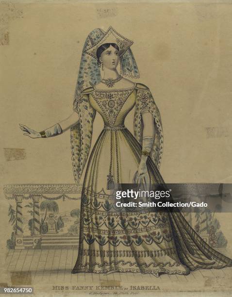 Partially colored print depicting a full-length view of British actress Frances Anne "Fanny" Kemble, wearing a Victorian dress with flowers on the...
