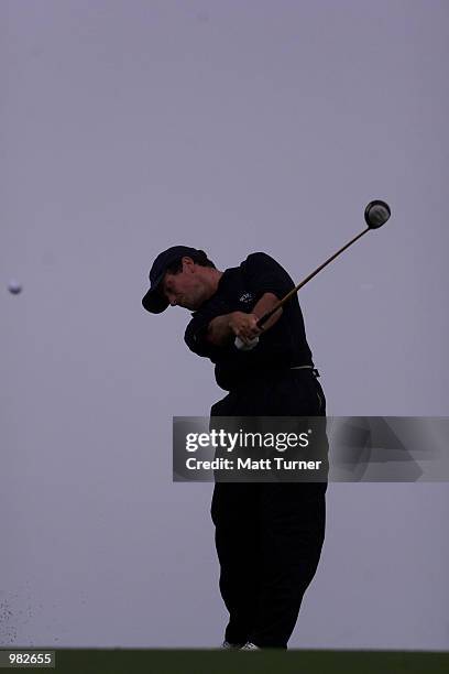 Steve Webster of England plays his second shot to the 10th green during the practice round of the Greg Norman Holden International Golf Tournament,...
