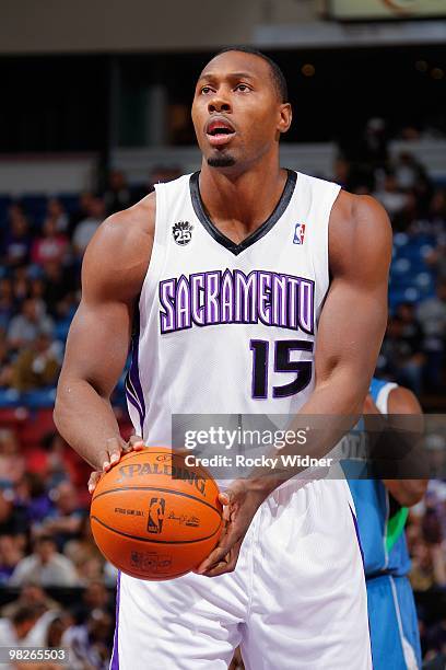 Joey Dorsey of the Sacramento Kings shoots a free throw during the game against the Minnesota Timberwolves on March 14, 2010 at ARCO Arena in...