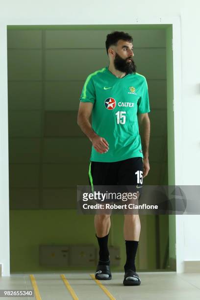 Mile Jedinak of Australia looks on during an Australian Socceroos media opportunity at Stadium Trudovye Rezervy on June 24, 2018 in Kazan, Russia.