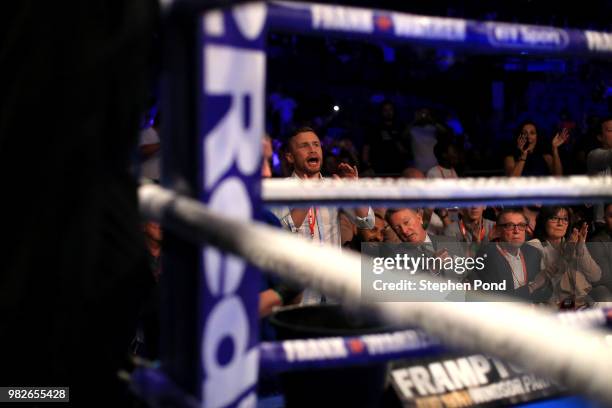 Frank Warren looks on during the WBC Silver Middleweight Championship contest between Martin Murray and Roberto Garcia at The O2 Arena on June 23,...