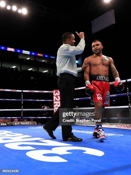 Roberto Garcia is warned by the referee during his WBC Silver Middleweight Championship contest fight against Martin Murray at The O2 Arena on June...