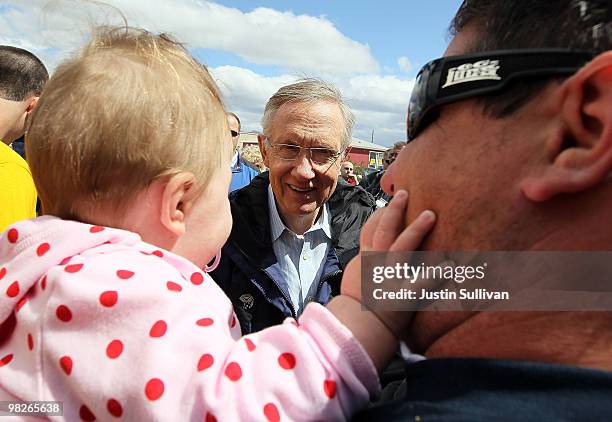 Senate Majority Leader Harry Reid greets supporters in front of the local International Association of Firefighters office April 5, 2010 in Pahrump,...