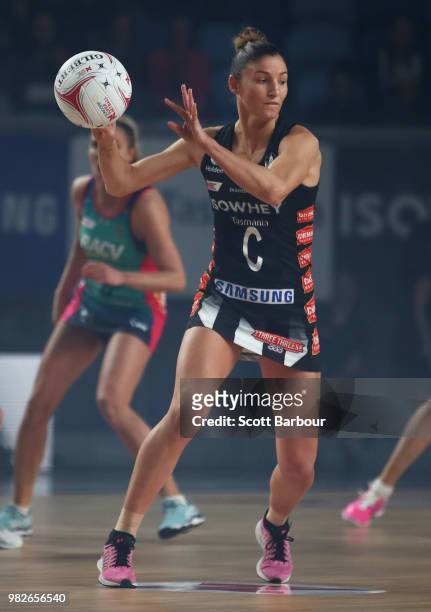 Kim Ravaillion of the Magpies controls the ball during the round eight Super Netball match between Magpies and the Vixens at Margaret Court Arena on...