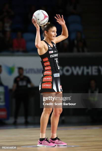 Kim Ravaillion of the Magpies controls the ball during the round eight Super Netball match between Magpies and the Vixens at Margaret Court Arena on...