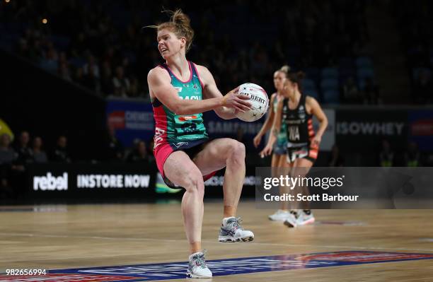 Tegan Philip of the Vixens compete for the ball during the round eight Super Netball match between Magpies and the Vixens at Margaret Court Arena on...