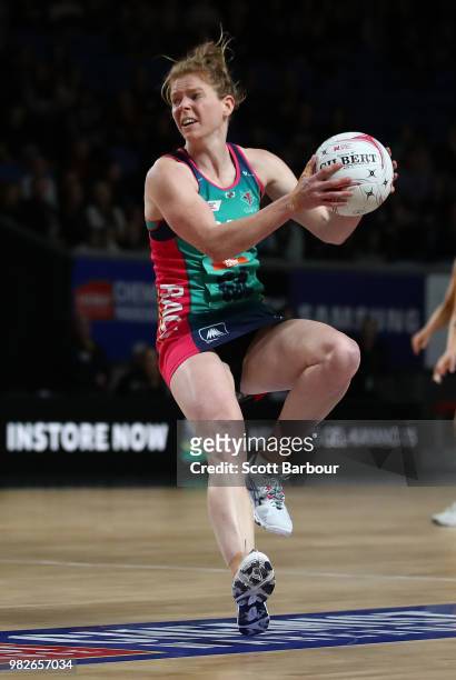 Tegan Philip of the Vixens compete for the ball during the round eight Super Netball match between Magpies and the Vixens at Margaret Court Arena on...