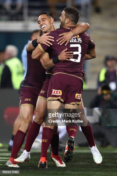 Valentine Holmes of the Maroons celebrates scoring a try with Greg Inglis of the Maroons during game two of the State of Origin series between the...