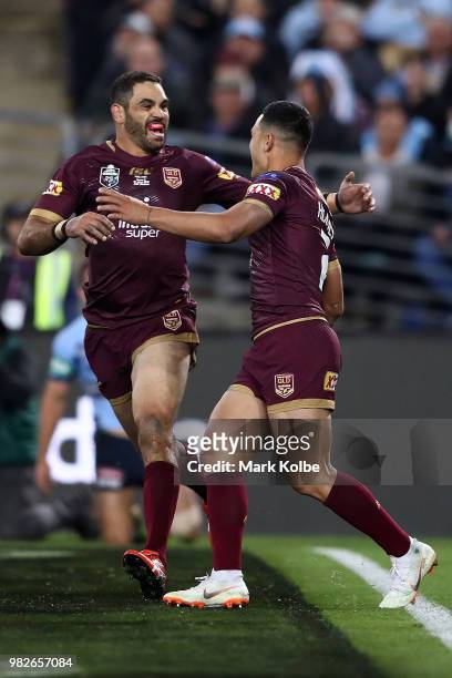 Valentine Holmes of the Maroons celebrates scoring a try with Greg Inglis of the Maroons during game two of the State of Origin series between the...