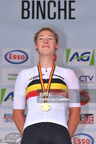 Podium / Saartje Vandenbroucke of Belgium and Doltcini - Van Eyck Sport UCI Women Cycling Gold Medal / Celebration / during the 119th Belgian Road...