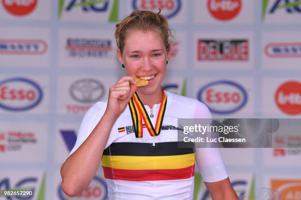 Podium / Saartje Vandenbroucke of Belgium and Doltcini - Van Eyck Sport UCI Women Cycling Gold Medal / Celebration / during the 119th Belgian Road...