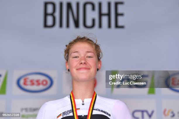 Podium / Saartje Vandenbroucke of Belgium and Doltcini - Van Eyck Sport UCI Women Cycling Gold Medal / Celebration / during the 119th Belgian Road...