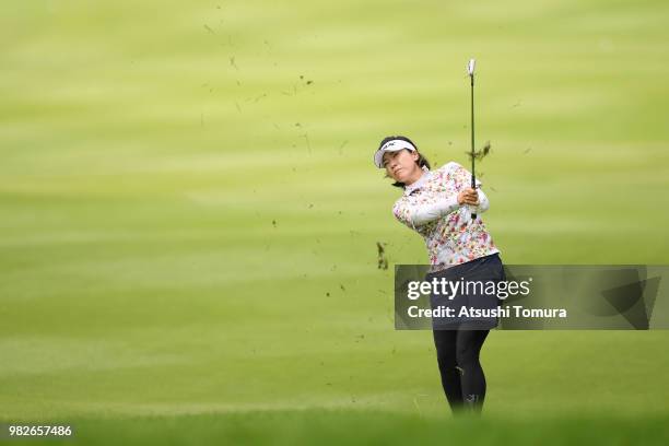 Shiho Oyama of Japan hits her third shot on the 18th hole during the final round of the Earth Mondahmin Cup at the Camellia Hills Country Club on...