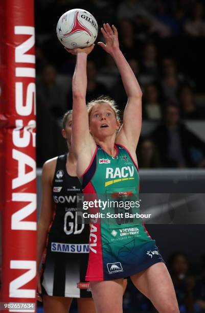 Tegan Philip of the Vixens competes for the ball during the round eight Super Netball match between Magpies and the Vixens at Margaret Court Arena on...