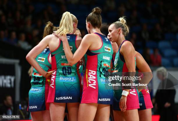 Renae Ingles of the Vixens and her teammates form a huddle during the round eight Super Netball match between Magpies and the Vixens at Margaret...