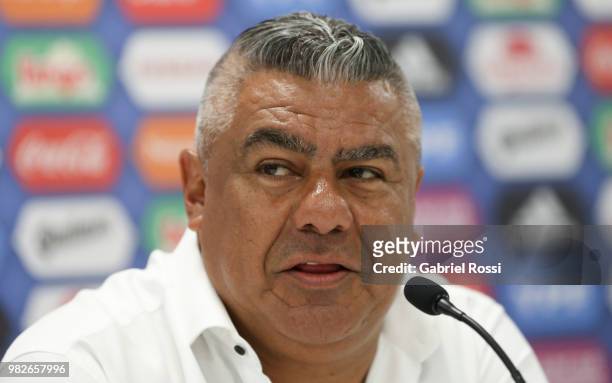 Claudio Tapia President of AFA speaks during a press conference at Stadium of Syroyezhkin sports school on June 24, 2018 in Bronnitsy, Russia.