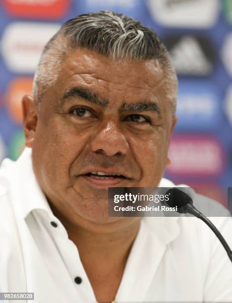 Claudio Tapia President of AFA speaks during a press conference at Stadium of Syroyezhkin sports school on June 24, 2018 in Bronnitsy, Russia.