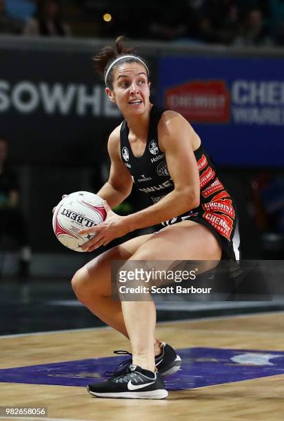 Ashleigh Brazill of the Magpies competes for the ball during the round eight Super Netball match between Magpies and the Vixens at Margaret Court...