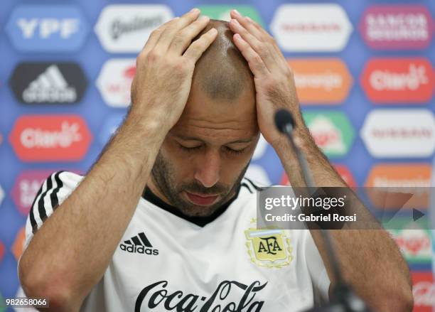 Javier Mascherano of Argentina gestures during a press conference at Stadium of Syroyezhkin sports school on June 24, 2018 in Bronnitsy, Russia.