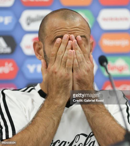 Javier Mascherano of Argentina gestures during a press conference at Stadium of Syroyezhkin sports school on June 24, 2018 in Bronnitsy, Russia.